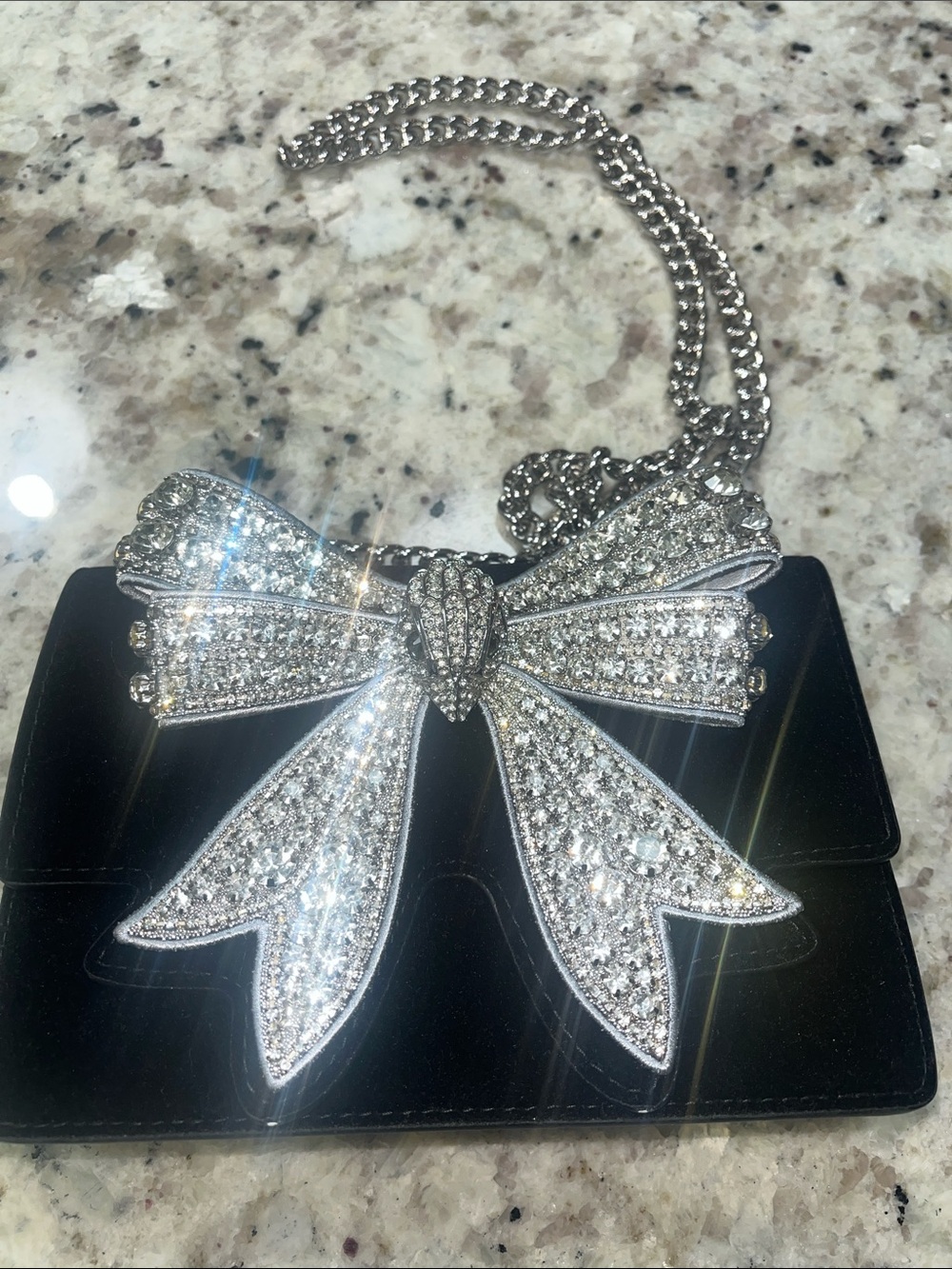 Kurt Geiger Black Velvet Clutch with Crystal Bow and Silver Chain